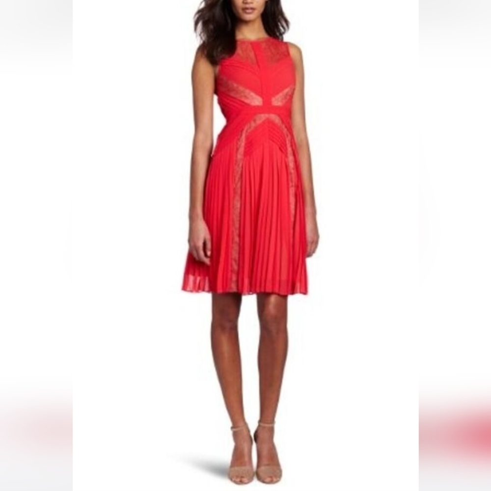 BCBGMaxAzaria Lace Panel Red Coral And Beige Lined Pleated Dress